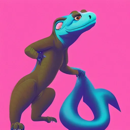 Image similar to “ komodo dragon in the style of zootopia holding laser gun, floating alone, with a black background, digital art, award winning, trending on art station, retro style ”