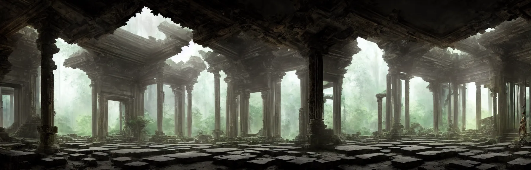 Prompt: The interior of an mystical ancient dilapidated temple in ruins amidst jungle, intricate runes chiseled on the walls, elegant chandelier hanging from the ceiling; volumetric lighting, digital painting, highly detailed, artstation, sharp focus, illustration, concept art, ruan jia, steve mccurry