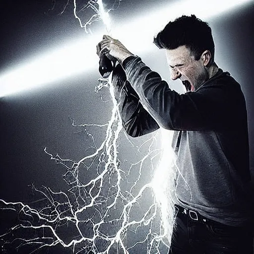 Prompt: “Brendon Fraser screaming holding a chainsaw made of lightning”