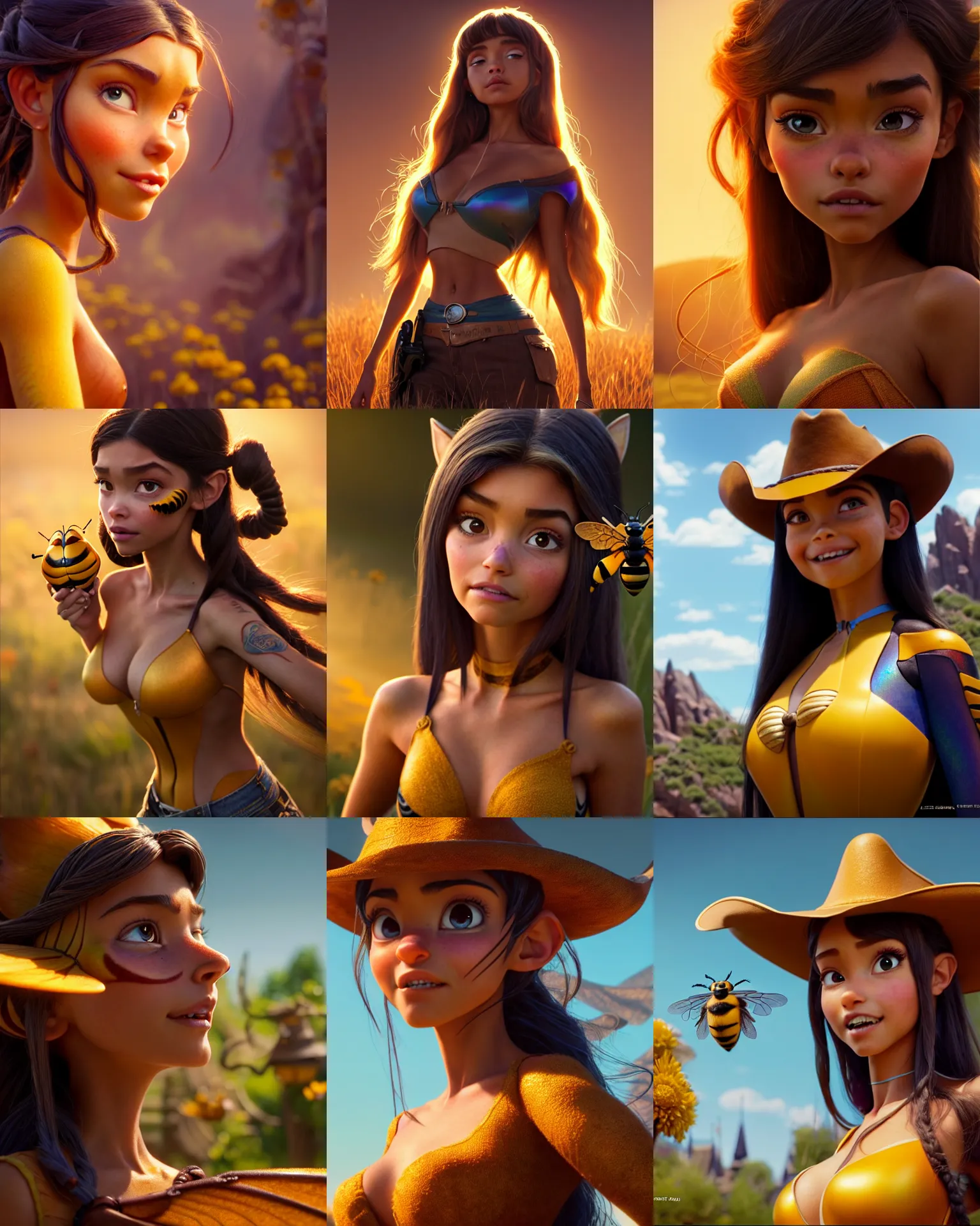 Prompt: weta disney pixar movie still portrait photo of madison beer : : as sunburnt tatoo cowgirl bumblebee woman by pixar : : by weta, greg rutkowski, wlop, ilya kuvshinov, rossdraws, artgerm, marvel, maxim cover, latex, octane render, sweaty, iridescent, bright morning, anime, liosh, mucha : :