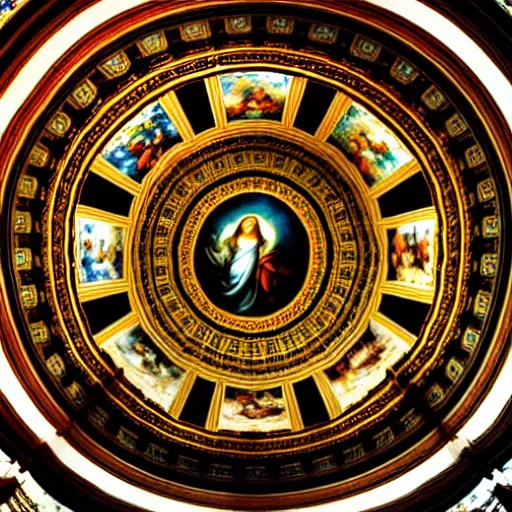 Image similar to photo of an ornated circular ceiling, full of paintings of angels, centered symmetrical highly detailed