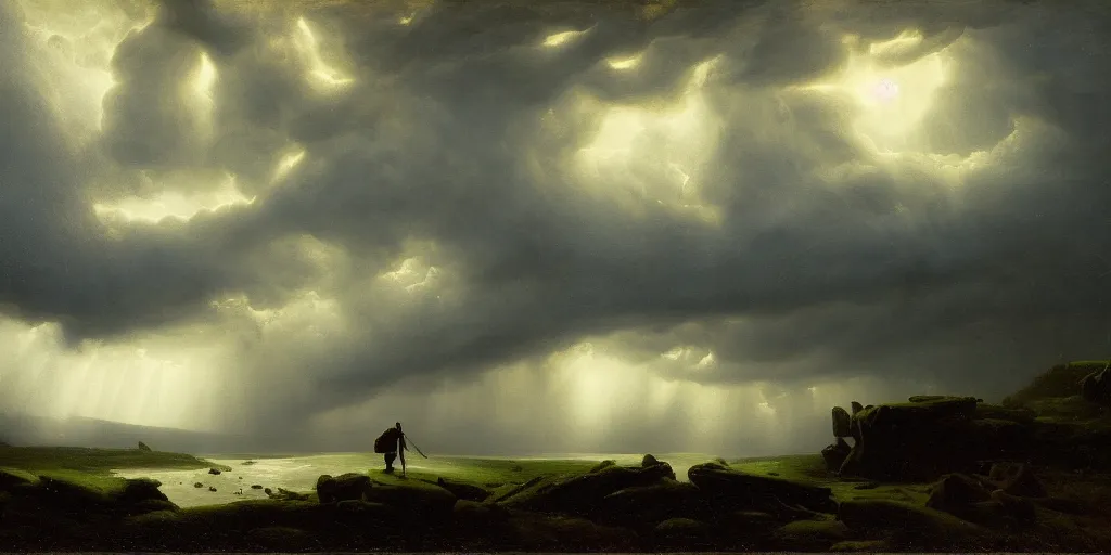 Image similar to a princess, slain giant monster, snowy tundra, storm clouds, dramatic lighting, hudson river school