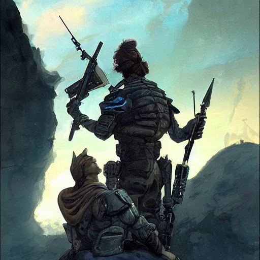 Image similar to a tactical soldier with his back to the viewer, looks up to see a giant woman with horns, by jon foster, gerald brom, and wayne barlowe