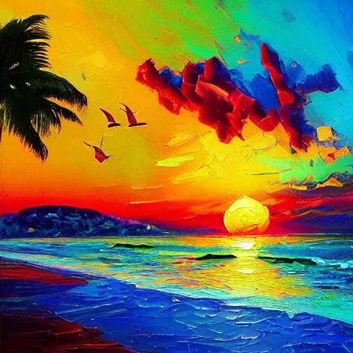 Image similar to an impasto oil painting of beautiful tropical islands during a colorful sunsetpainted by ken hong leung