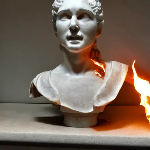 Image similar to a marble bust with the face on fire and melting