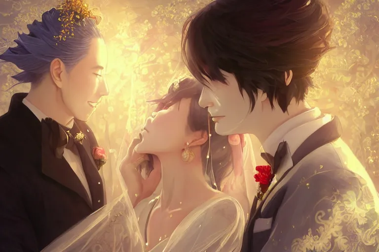 Image similar to a dreamlike portrait of wedding photograph close up moment of a divine a taiwan sun god and moon goddess lovers magician at a wedding banquet. portraiture. digital painting. artstation. concept art. fantasy wedding photo. digital painting, 8 k realistic, hyper detailed, by makoto shinkai and akihiko yoshida and hidari and wlop