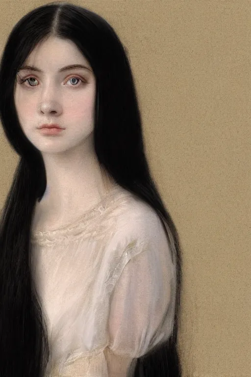 Prompt: picture portrait, young woman's face, long black hair, pale skin, digital render, super-detailed , by Millais