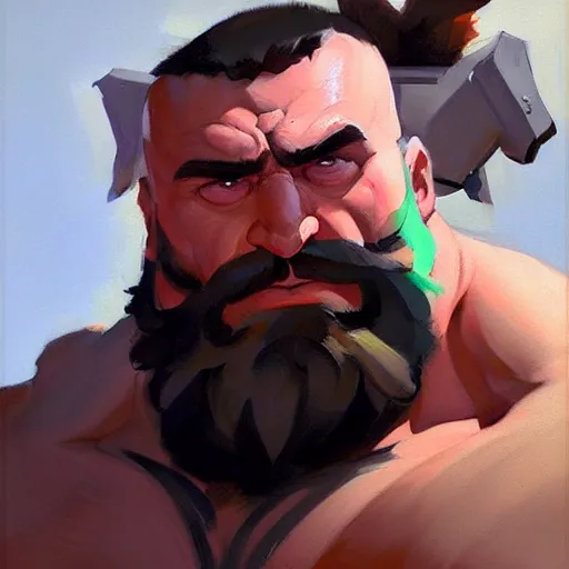 Image similar to Greg Manchess portrait painting of Zangief as Overwatch character, medium shot, asymmetrical, profile picture, Organic Painting, sunny day, Matte Painting, bold shapes, hard edges, street art, trending on artstation, by Huang Guangjian and Gil Elvgren and Sachin Teng