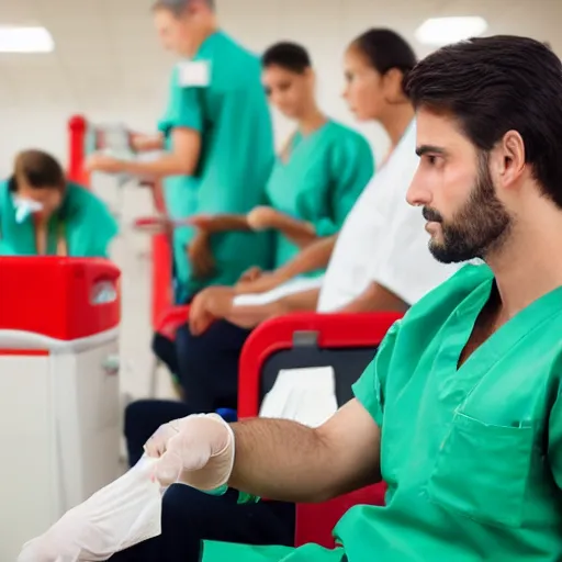 Image similar to a man is giving blood at the bloodbank but his blood is green and the nurses standing by are very scared. extremely detailed photo, hostpital exnvironment.