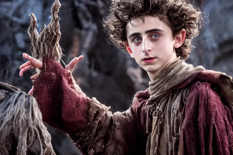 Image similar to timothee chalamet plays a gelfling in the dark crystal : age of resistance, highly detailed, cinematic lighting, red weapon 8 k s 3 5, cooke anamorphic / i lenses