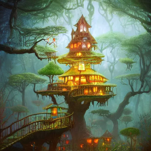 Image similar to detailed concept colorful fantasy painting of a transcendental treehouse, artwork by Paul Lehr and Lexander Jansson, cinematic lighting, hyperdetailed, 8k, high resolution, insanely detailed and intricate, octane render