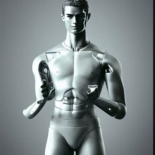 Prompt: “a realistic detailed photo of a guy who is an attractive humanoid who is half robot and half humanoid, who is a male android, Cristiano Ronaldo, shiny skin, posing like a statue, blank stare, press conference, on display”