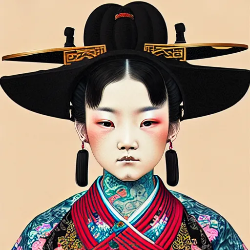 Image similar to full view of a girl from the qing dynasty with tattoos, wearing an american cowboy hat from the old west, style of yoshii chie and hikari shimoda and martine johanna, highly detailed