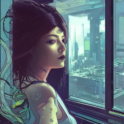Image similar to portrait of cyberpunk woman looking out of a window, cyberpunk setting, futuristic, highly detailed, intricate lighting, digital painting, sharp focus, illustration, trending on artstation, art by alphonse mucha.