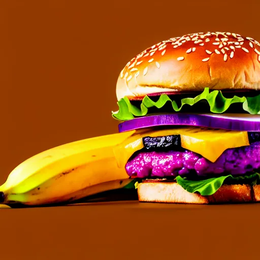 Image similar to a stock photo of a banana on a burger on a purple background, product photography, f 2. 4, bokeh effect, award winning