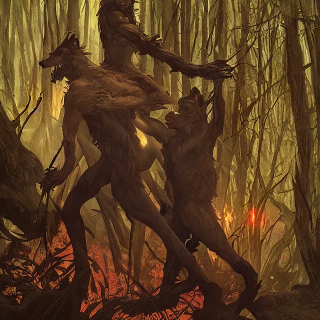 Image similar to a male werewolf with long claws fighting a young fit male vampire in a dark forest at night, by greg rutkowski and alphonse mucha, gradient brown to red, highly detailed, digital painting, artstation, concept art, smooth, sharp focus illustration