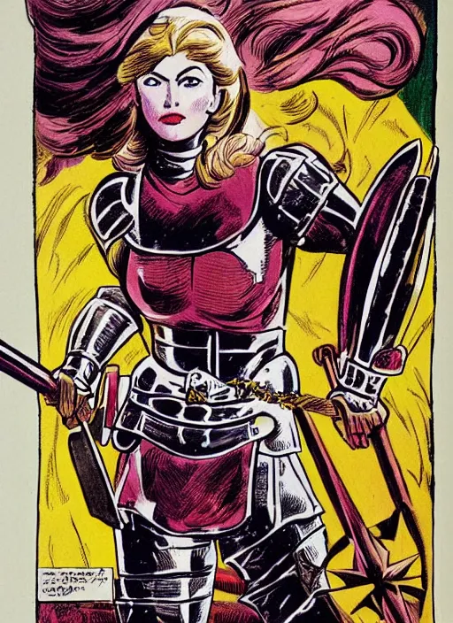 Image similar to head and shoulders portrait of a female knight. well composed, clean elegant painting, beautiful detailed face. comic book art by steve ditko and jack kirby