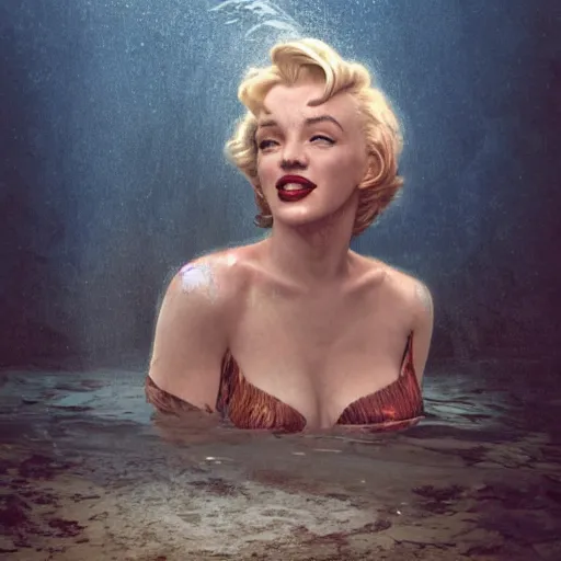 Prompt: a photograph of a clone of marilyn monroe submerged and rusted in the water, cinematic, volumetric lighting, f 8 aperture, cinematic eastman 5 3 8 4 film, photorealistic by greg rutkowski, by stanley artgerm, by alphonse mucha