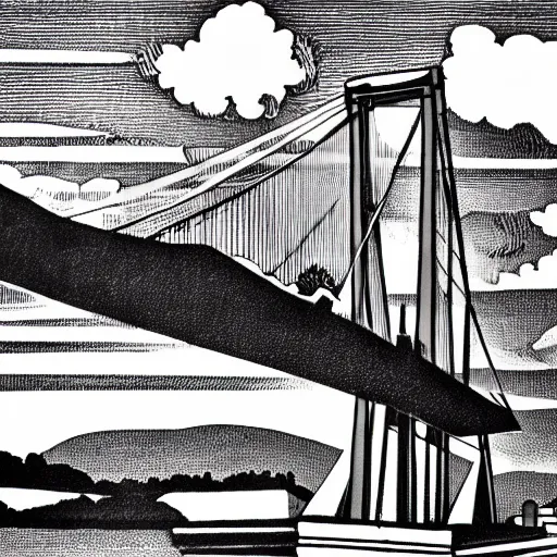 Prompt: steel suspension bridge built in 1 9 2 8, side view, puffy clouds in background, woodcut style, 8 k