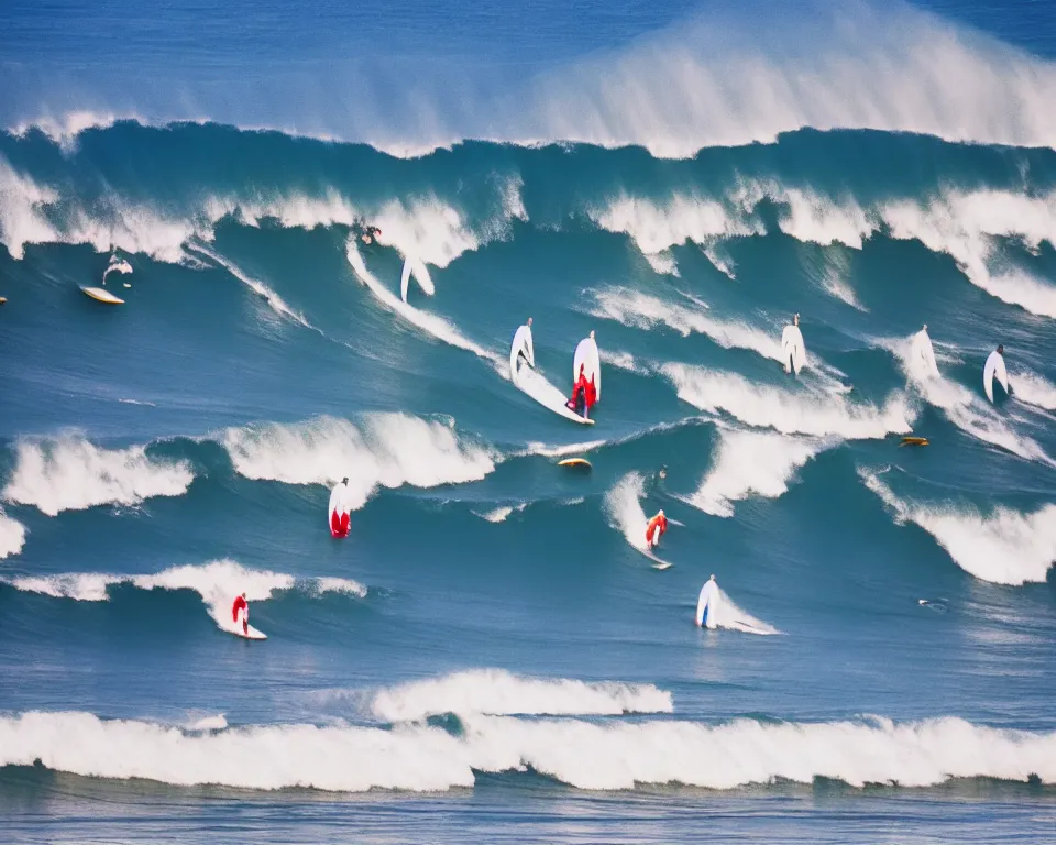 Image similar to worshippers in white robes belonging to the cult of the surfers, surfing in waves, standing on surfboards, surfing in the face of a tsunami, high detailed colors, bright deep blue