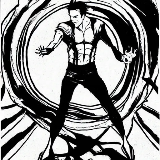 Image similar to pen and ink!!!! attractive 22 year old Dr. Strange Gantz marvel monochrome!!!! Frank Zappa x Ryan Gosling comic book Vagabond!!!! floating magic swordsman!!!! glides through a beautiful!!!!!!! battlefield magic the gathering dramatic esoteric!!!!!! pen and ink!!!!! illustrated in high detail!!!!!!!! graphic novel!!!!!!!!! by Hiroya Oku!!!!!!!!! and Frank Miller!!!!!!!!! published by Cartoon Network Adult Swim!! MTG!!! 2049 award winning!!!! full body portrait!!!!! action exposition manga panel