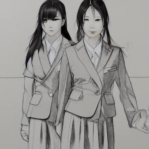 Image similar to a perfect, realistic professional digital sketch of a Japanese schoolgirls posing near a nuclear plant, style of Marvel, full length, by pen and watercolor, by a professional American senior artist on ArtStation, a high-quality hollywood-style sketch, on high-quality paper