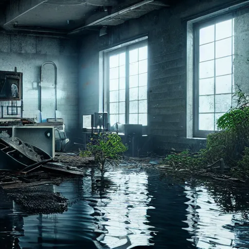 Image similar to flooded, desecrated, abandoned, science lab, ultra realistic, concept art, intricate details, eerie, highly detailed, photorealistic, octane render, 8 k, unreal engine, art by ben evrard