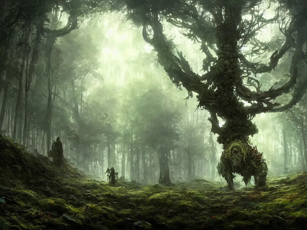 Image similar to a walking druid abomination, heavily forested, overgrown trees, beautiful lighting, beautiful landscape beautifully designed character, award winning collaborative painting by geg ruthowski, alphonse murac, craig mullins, ruan jia, wlop, yoji shinkawa, collaborative artwork, exquisitely high quality and detailed, overwhelmingly favorited by critics, game wallpaper