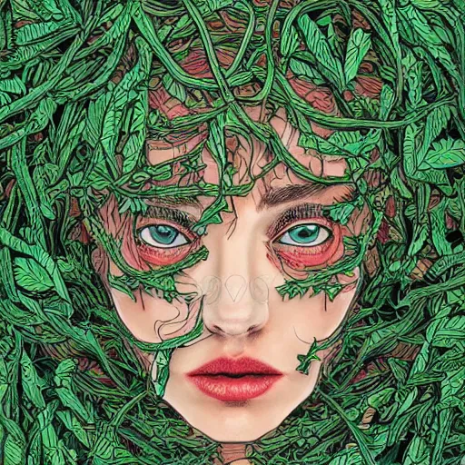 Prompt: the face of an incredibly beautiful wise and elegant woman partially made of tomatoes vines and grass, an ultrafine detailed illustration by james jean, final fantasy, intricate linework, bright colors, behance contest winner, vanitas, angular, altermodern, unreal engine 5 highly rendered, global illumination, radiant light, detailed and intricate environment