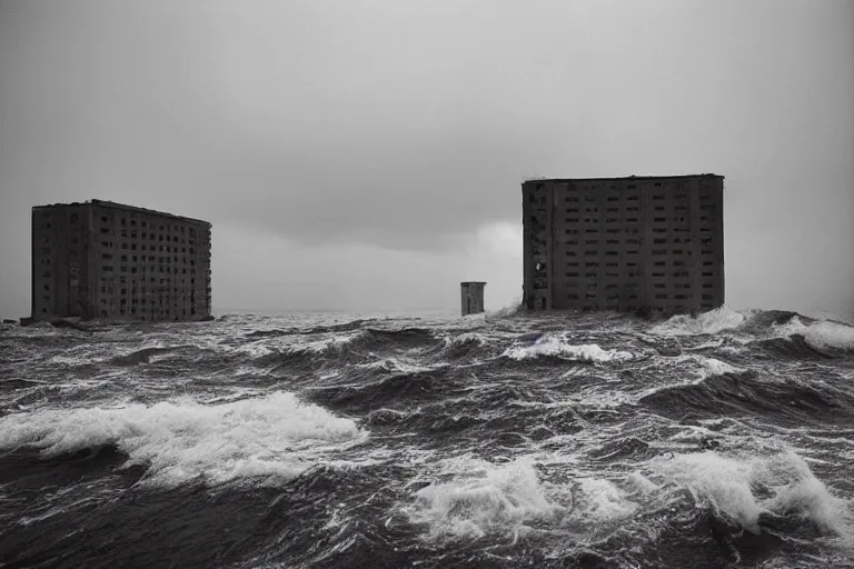 Image similar to danila tkachenko, low key lighting, an abandoned high soviet apartment building in the middle of the stormy ocean, storm, lighning storm, crashing waves, dramatic lighting