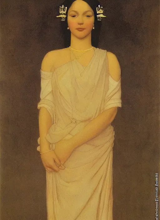 Image similar to an oil painting a queen with dark hair and white fair skin standing on a throne by maxfield parrish, by nicholas roerich, highly detailed, realistic, realism, oil painting, 1 9 th