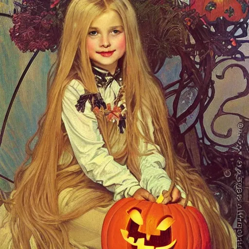 Image similar to a happy little girl with long straight golden blonde hair sitting amidst halloween decor, skulls and pumpkins. beautiful highly detailed face, beautiful painting by alphonse mucha and norman rockwell