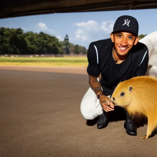 Prompt: an award winning photo of lewis hamilton holding a baby capybara, 4 k