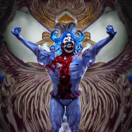 Image similar to 4K headshot of godlike clown with blue skin with defined arms and open hands and bloody clothes with giant mandala wings , white intricate scary clown makeup , flawless anime cel animation by Kentaro Miura, psychedelic , highly detailed upper body , professionally post-processed , beautiful, scary, symmetry accurate features, epic, octane rendered, anime masterpiece, accurate