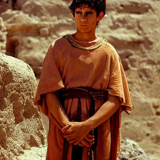 Image similar to award winning cinematic still portrait of handsome 17 year old Mediterranean skinned man in Ancient Canaanite clothing, colorful cloak, short hair, Biblical epic directed by Steven Spielberg