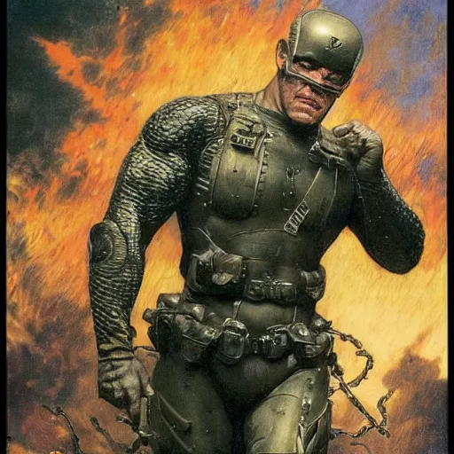 Image similar to jocko willink as superhero solider, dynamic action, dystopian, by lawrence alma tadema and zdzislaw beksinski and norman rockwell and tom lovell and greg staples