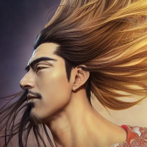 Prompt: an immortal xianxia cultivator with long golden hair as an absurdly handsome, elegant, young anime man, ultrafine hyperrealistic detailed face illustration by kim jung gi, irakli nadar, intricate linework, sharp focus, bright colors, matte, final fantasy, unreal engine highly rendered, global illumination, radiant light, intricate environment