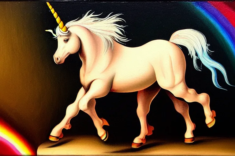 Prompt: detailed traditional painting of a unicorn walking on a rainbow, ((rainbow)) by Caravaggio, authentic, masterpiece, brush strokes, trending on artstation