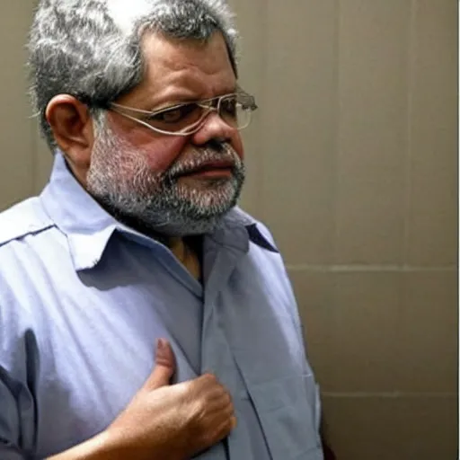 Prompt: Luis Inácio Lula da Silva with prison clothes in Jail, photograph