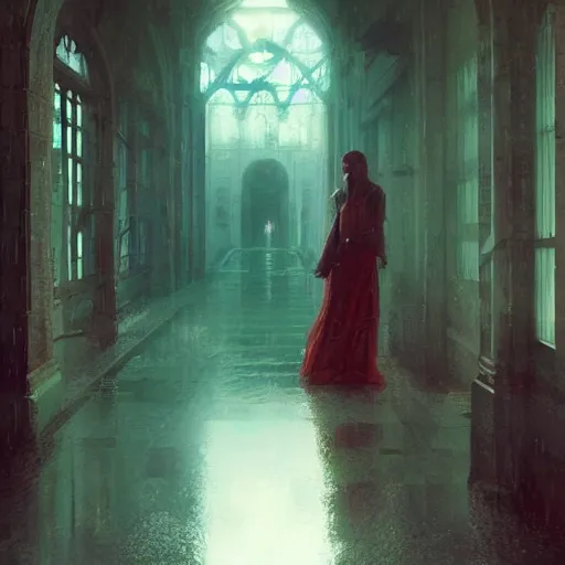 Prompt: detailed face of a woman, moment, cyberpunk cloisters, displays, tech noir, wet reflections, atmospheric, ambient, livia prima, greg rutkowski, edward hopper