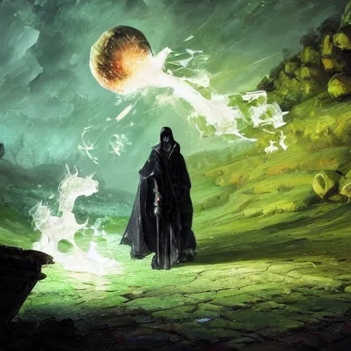 Image similar to A highly detailed oil painting by Greg Rutkowski and Afremov of a skeleton wearing a black cloak making a potion glowing bright green in a huge bubbling cauldron.