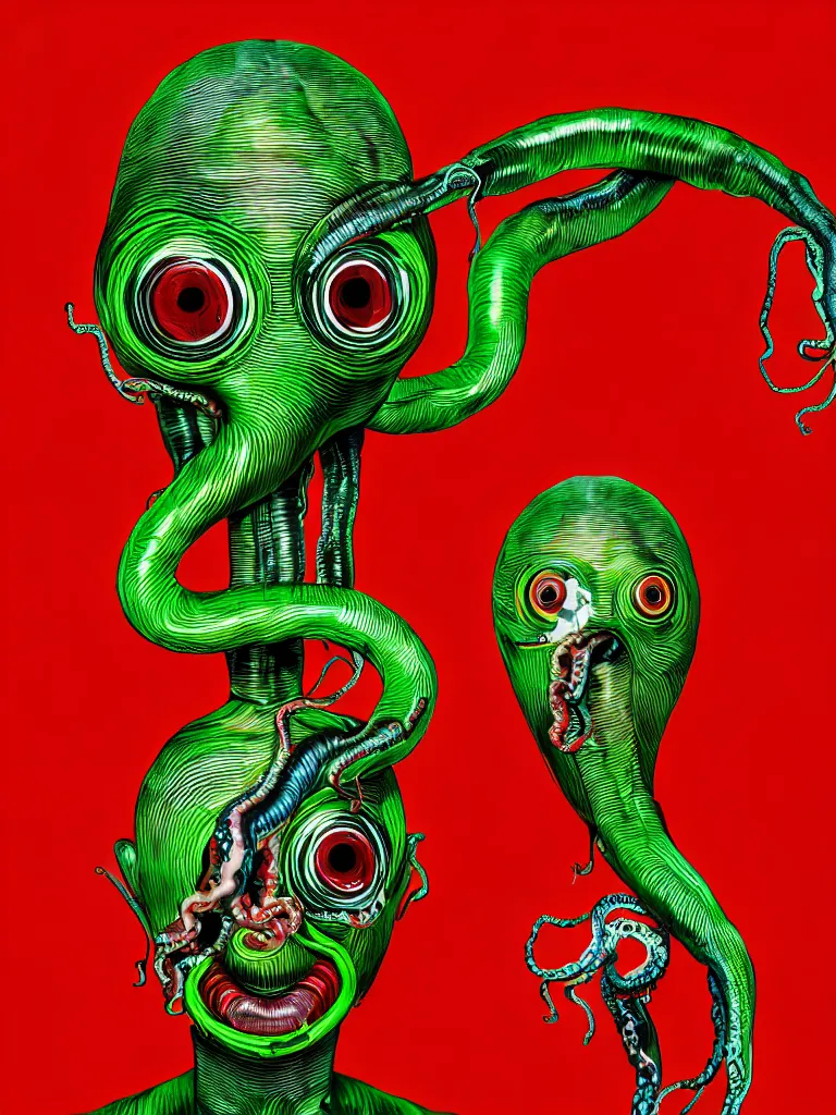 Prompt: a self portrait photograph by the artist kelbv, in distinct hyper detailed style with tubes coming from eyes, and hollowed out head filled with red and green gingham ellipsoids, perfect studio lighting against a backdrop of a still from the movie squid asthma.