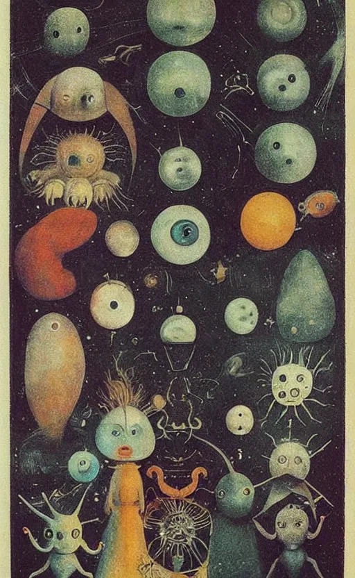 Image similar to a new small cute creature from space cosmic multiple eyes a bit weird cosmic with an intriguing wonderful machine beside him, tarot card, beautiful frames, Leonora Carrington moebius Hieronymus Bosch Max Ernst dali Zdzisaw Beksiñski Roland Topor Henryk Plociennik