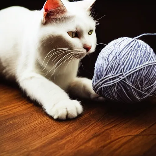 Image similar to A beautiful photo of a white cat playing with yarn ball, Photography , Long-range shots