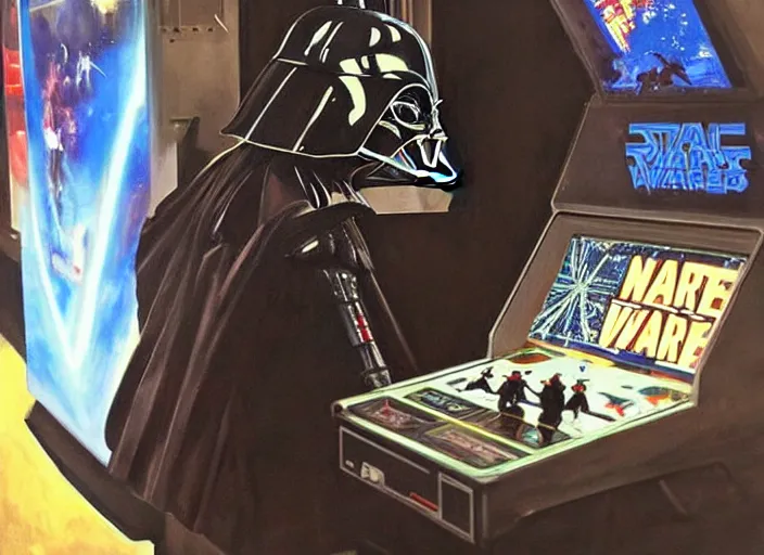 Prompt: a highly detailed beautiful portrait of a darth vader playing space invaders on an arcade machine, by gregory manchess, james gurney, james jean