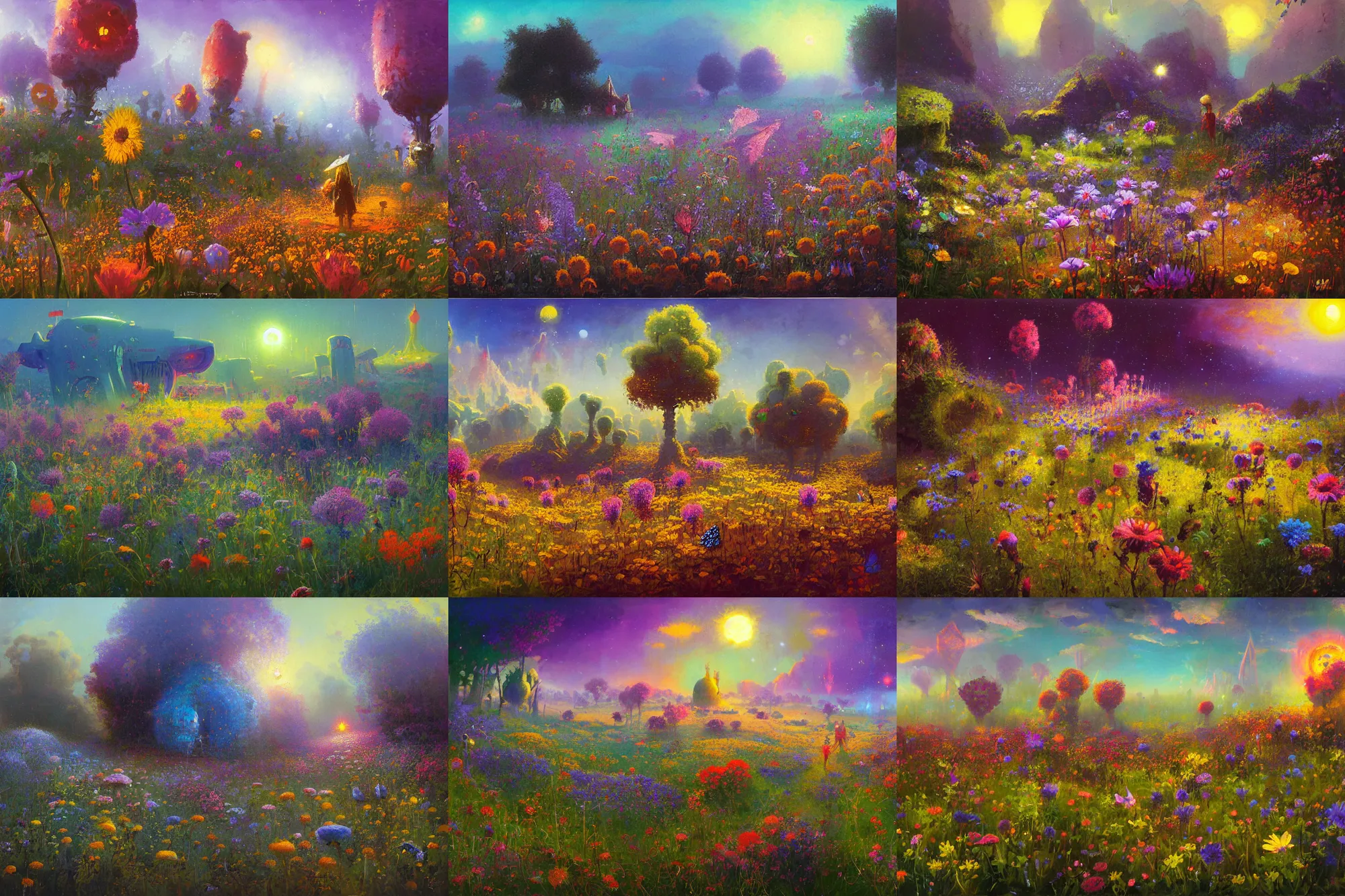 Prompt: a solarpunk wild flower meadow by paul lehr