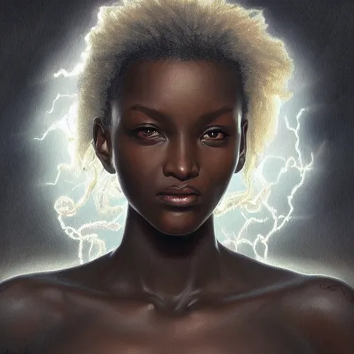 Image similar to full figure ultra realistic illustration, jodie turner - smith as storm, intricate, elegant, highly detailed, digital painting, artstation, concept art, smooth, sharp focus, illustration, art by artgerm and greg rutkowski and alphonse mucha