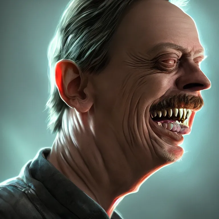 Image similar to steve buscemi smiling during the apocalypse, intricate details, complementary lighting, detailed face, backlighting, octane render, raytraced, depth of field, extremely detailed, trending in artstation, focus on face, sharp focus, radiant light, beautiful composition, yihao ren, zochi, zero - hour, jean paul fiction