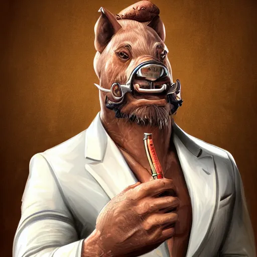 Image similar to a portrait of a boar wearing a white suit, muscular, smoking a cigar, gorgeous, intricate, elegant, volumetric lighting, scenery, high detail digital art, smooth, tony sart, randy vargas, sharp focus, illustration, concept art