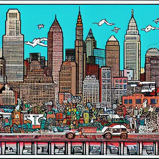 Image similar to cleveland skyline in the style of Geof Darrow